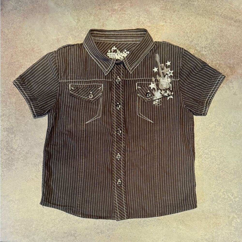 Boys Pinstripe Button Up Shirt Guitar Star Pocket Black White NSS 4T